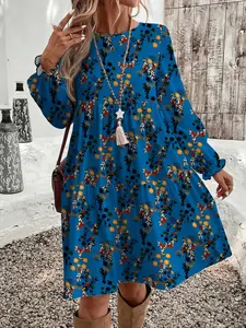 Plus Size Women's Long Sleeve Dress, Bohemian Casual Wear Fitted Ditsy Floral Pattern, All Seasons Fashion, Comfortable and Stylish