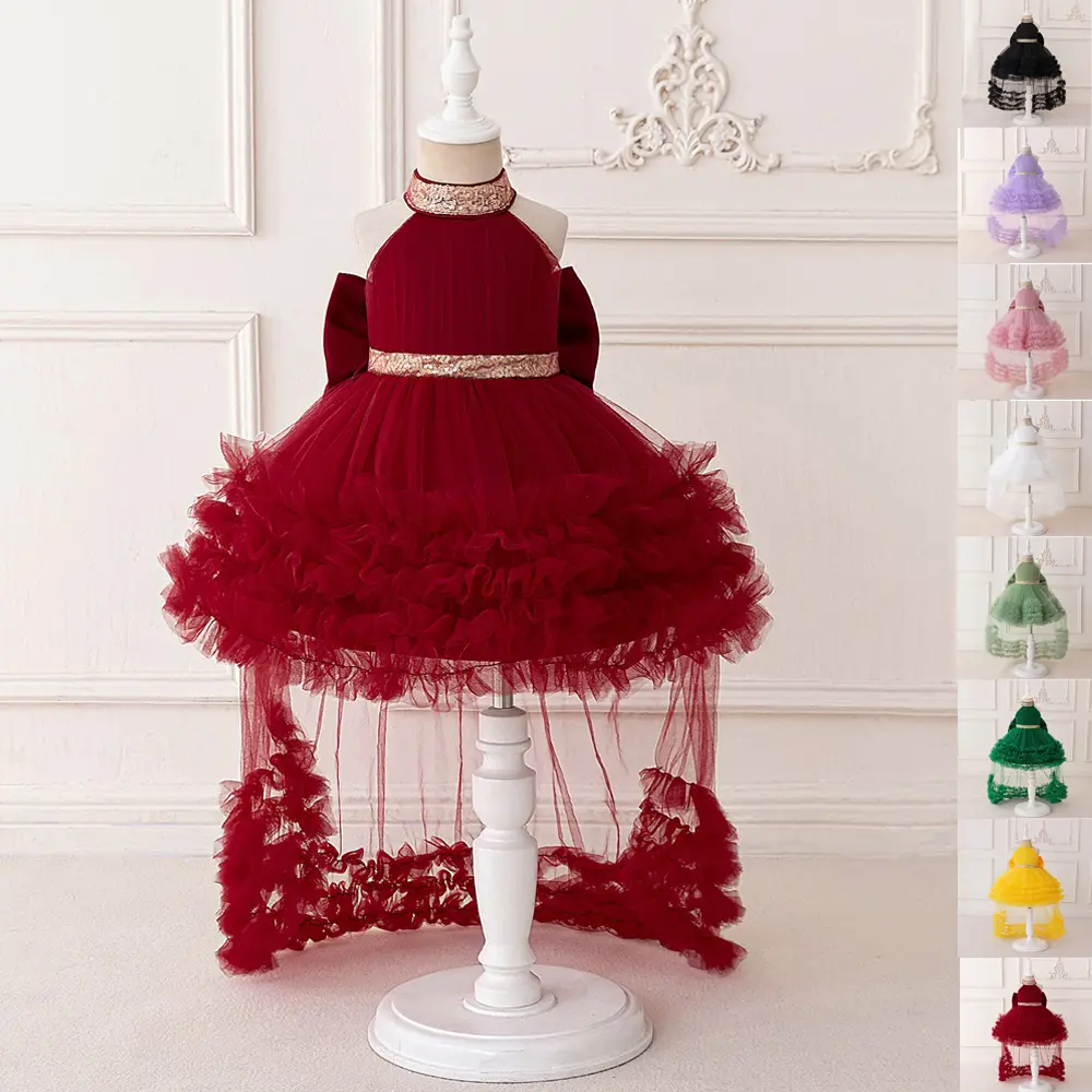 6M-3Y Maroon Red 2325 Sequins Anniversary Big Bow Green Baby Girls Clothes Infant Birthday Cocktail Dress Toddler Pageant Newborn Ball Gown Princess Baptism Frock