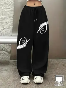 Women's Fun Skull Print Casual Joggers, Drawstring Waist, Loose-Fit Design, Geometric Pattern, Comfort Wear