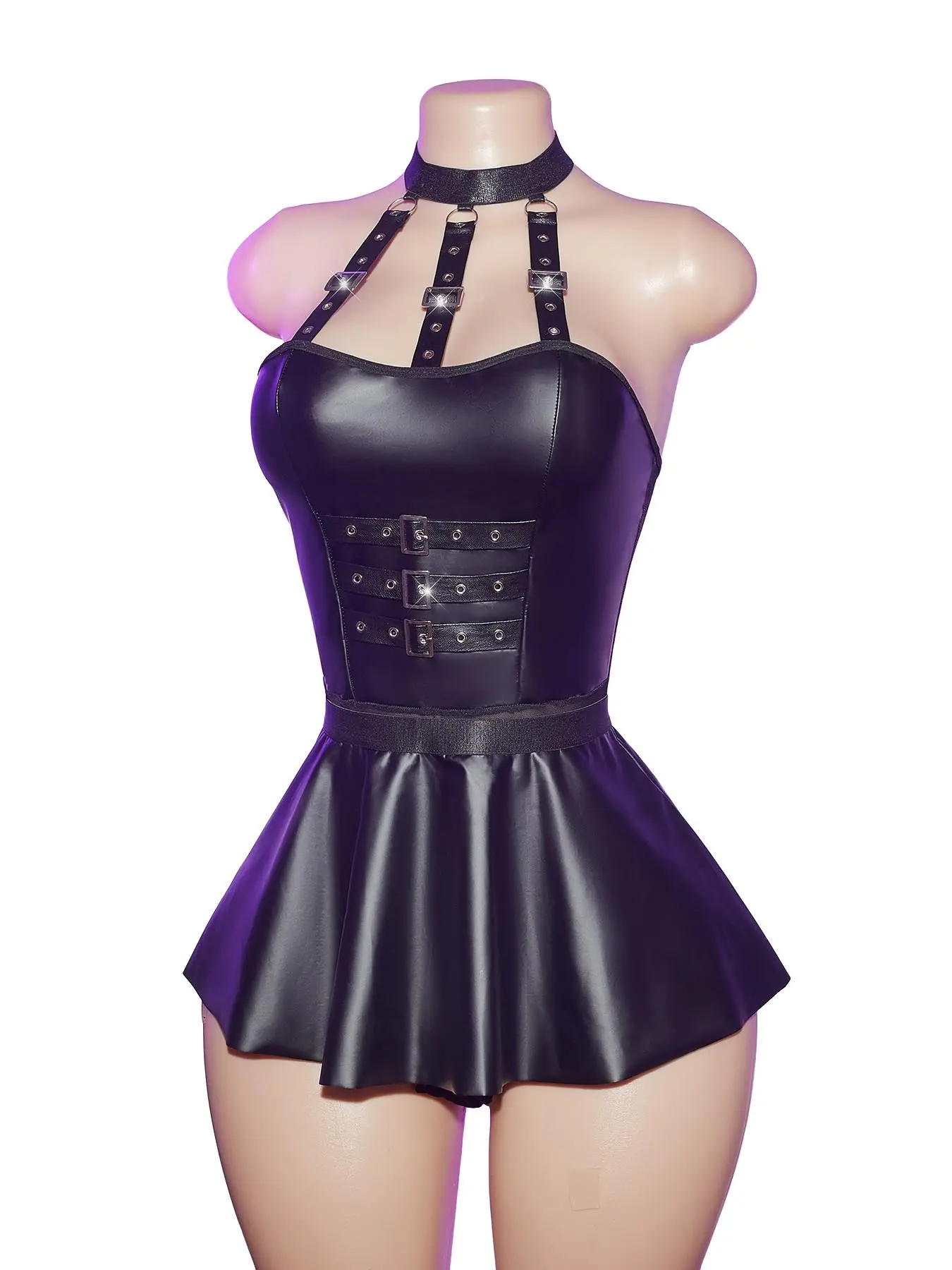 Women's PU Sensual Bodycon Fitted Bodysuit Outfit Lingerie Sets Sleepwear Set with Short Skirt, Fitted Plain Design, Ideal for Night Wear or Outerwear, Underwear