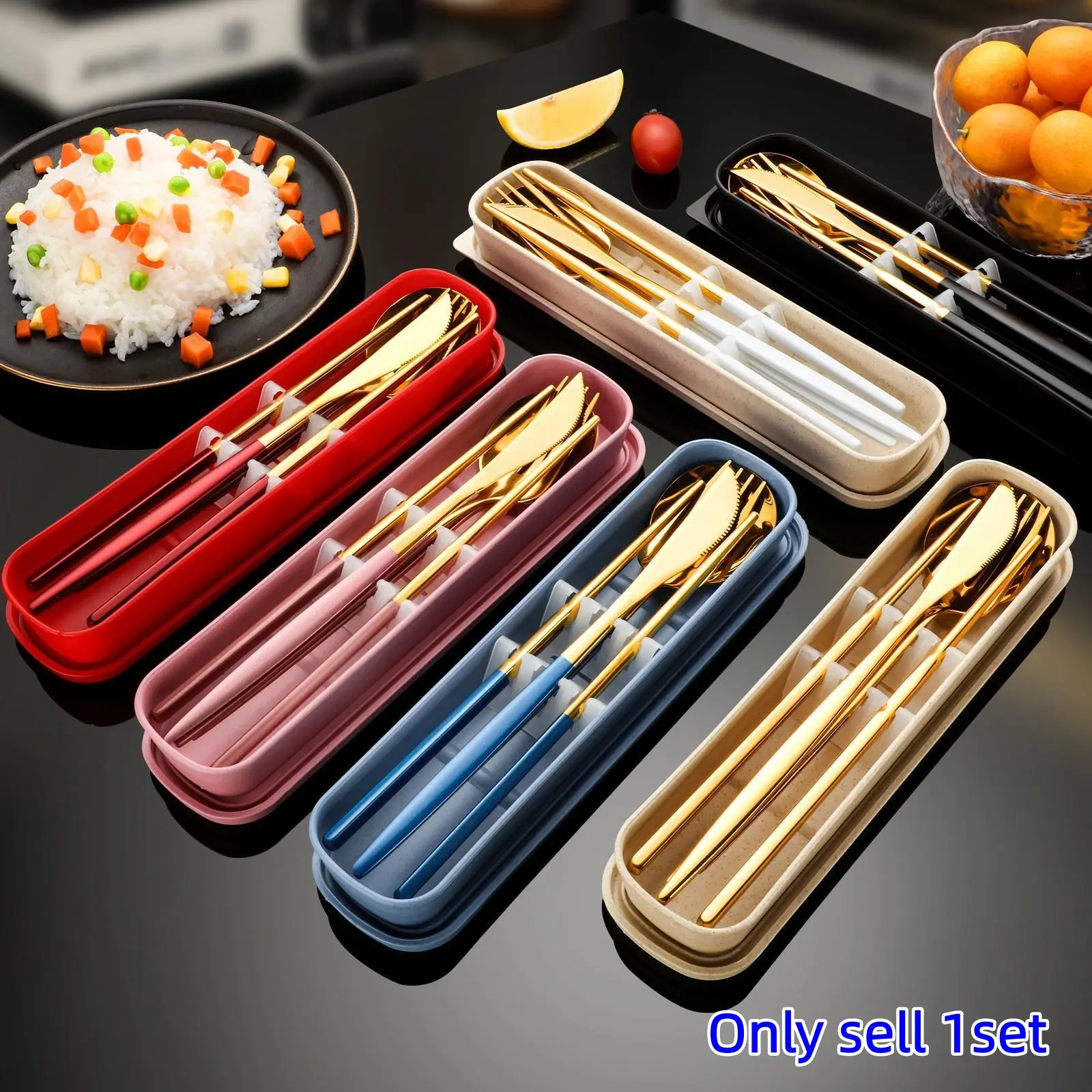 Stainless Steel Cutlery Set with Storage Box, Reusable Portable Dining Utensils Tableware for Home Office School Camping Travel, Chopsticks