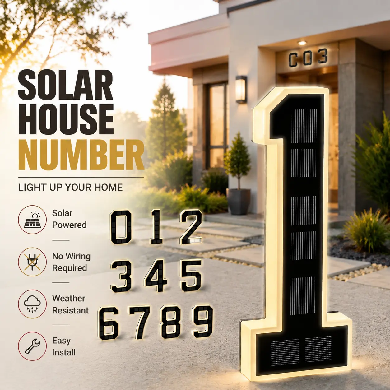9 In Modern Solar House Number Light, Outdoor Waterproof LED Address Sign with Smart Sensor, Home Supplies Home Sign for Porch Decor, Outdoor Decor