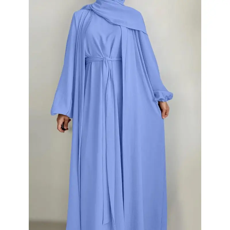 Women's Solid Color Abaya & Belted Muslim Dress Set, Chic Modest Casual Long Sleeve Open Front Outerwear & Dress Set for Muslim Daily Wear, Ladies Isl