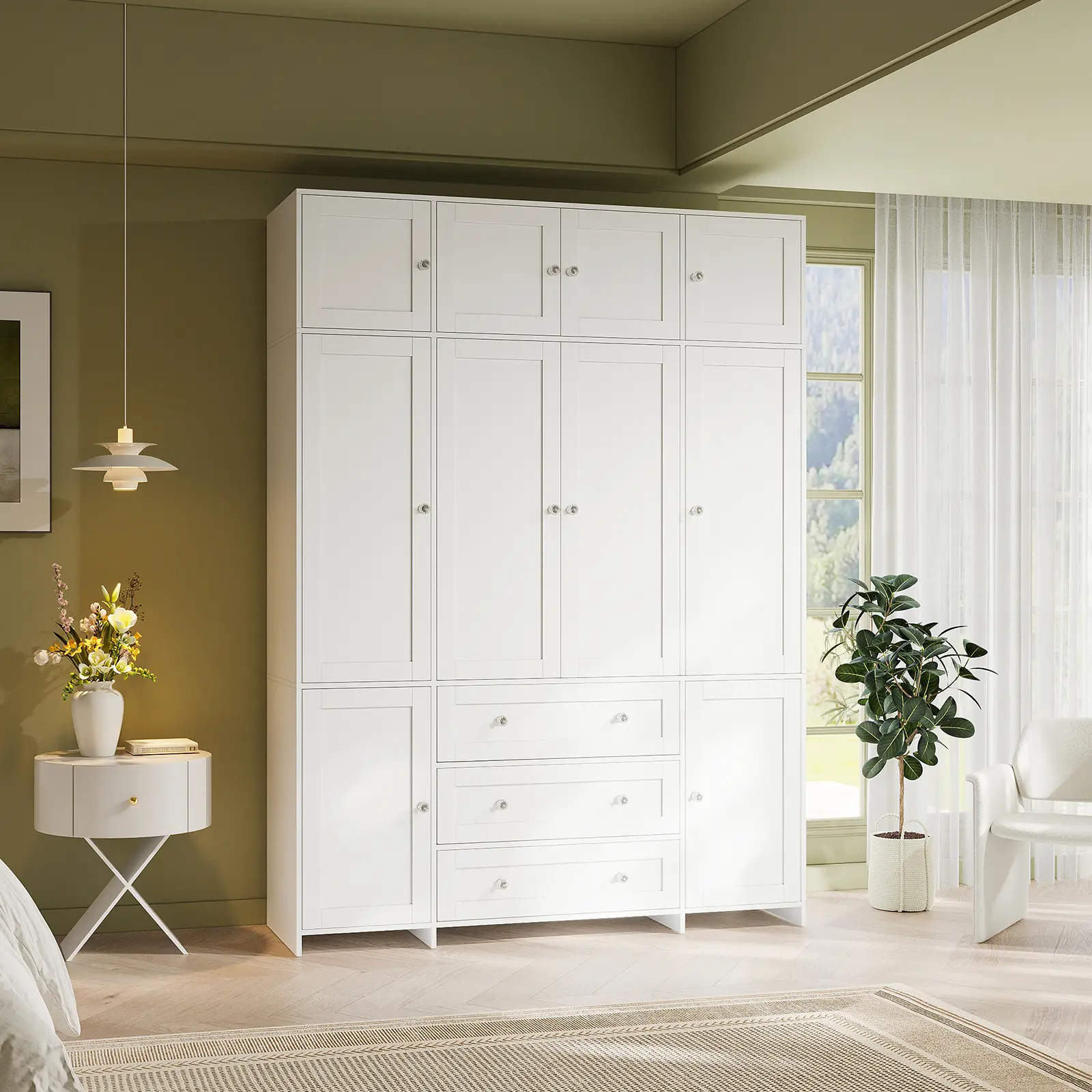 【3 Packages Delivery】VOWNER 86" Armoire WardrobeCloset with 3 Drawers and Mirror, Clothing Storage Cabinetwith Hanging Rod, Wardrobe with Etra Top Storage Cabinetfor Bedroom, Large Capacity Storage