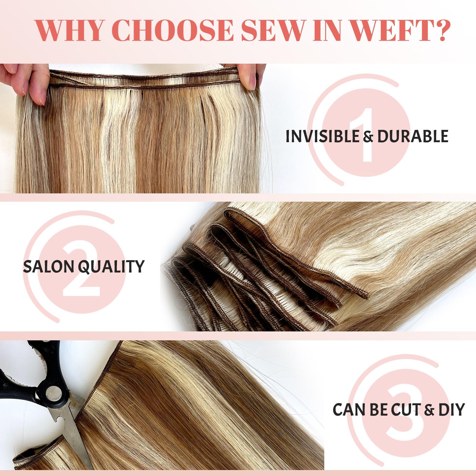 Platinum Blonde Highlight Sew In Extensions 24 Inch Real Human Hair Weft Extensions 120G Double Weft Remy Human Hair Bundles For Women Hand Tied Full Head Straight Hair Weaves