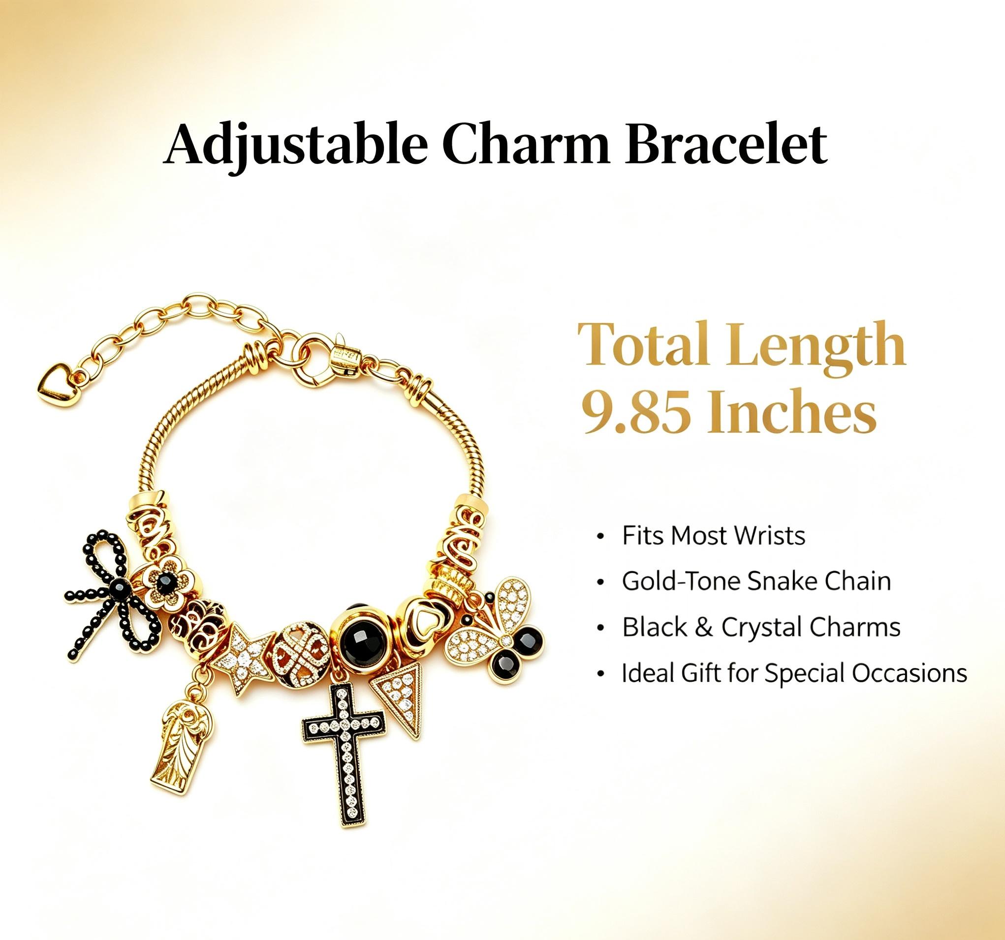 Gold Tone Adjustable Snake Chain Charm Bracelet, Black Enamel Cross Bow Butterfly Crystal Charms Beaded Bracelet, Vintage Gothic Jewelry Gift for Women