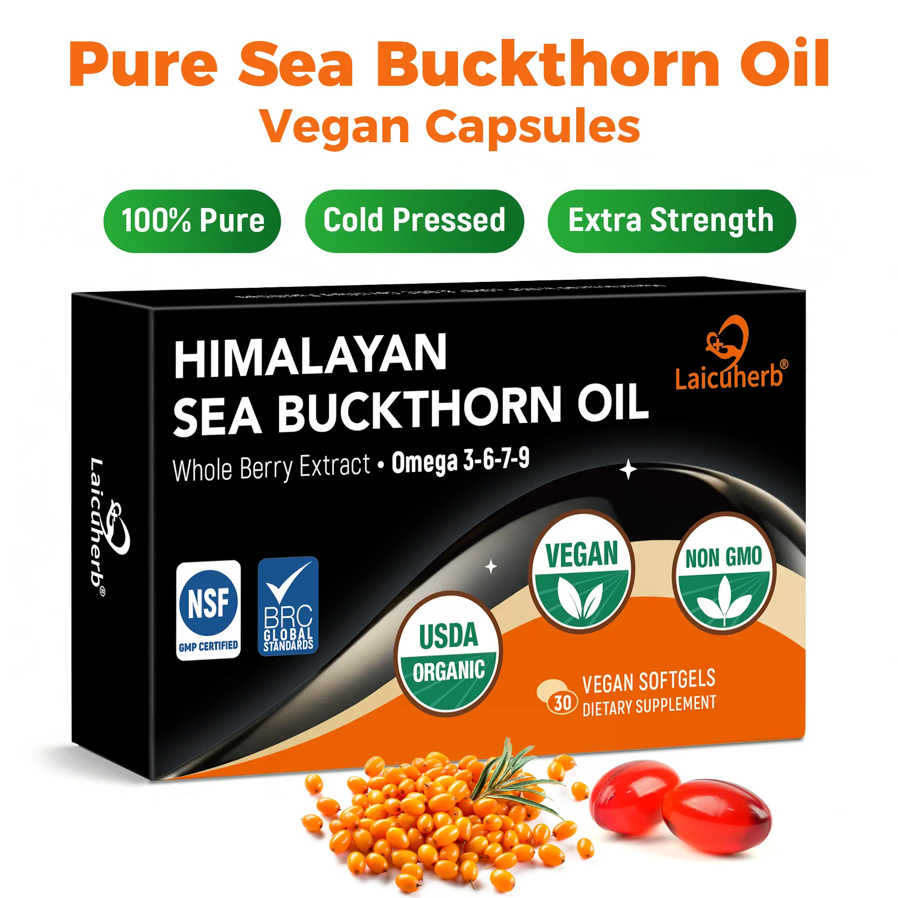 Sea Buckthorn Oil Capsules for Skin Immune & Hair, 1000mg Per Serving Organic Supplement with Omega 7-3-6-9, 30 Softgels for Adult Whole Berry Sea Buckthorn for Dryness