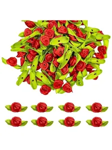 Mini Ribbon Roses, 100Pcs Artificial Fabric Flowers with Green Leaves Pink, Red, White Rosettes Mini Ribbon Roses for Crafts Sewing DIY Craft Decoration Wedding Festival Accessories