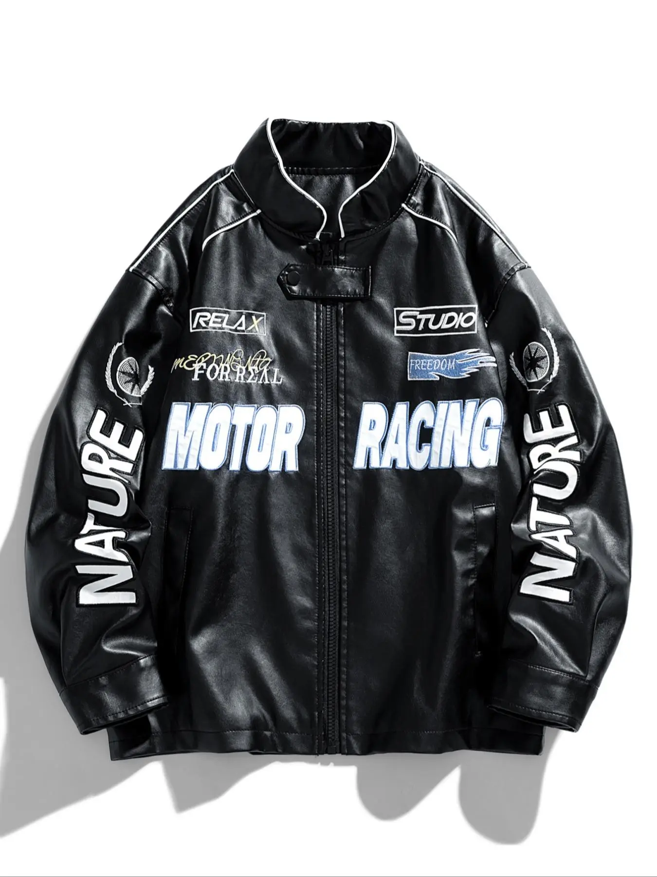 Men's American Retro Motorcycle Racing Motocross Print Zip Up Leather Jacket, Biker Jackets, Biker Style, Regular Fit Casual Fashion Comfy Long Sleeve Outerwear for Spring & Fall, Men's Clothes for Daily Wear, Coats, Menswear