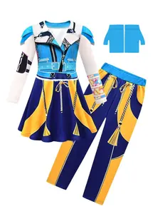 Girls' Fashion Monster Hunter Cosplay Costume Set, Sky Blue Dress + Gloves + Unique Pants, Perfect for Halloween Role Play Performance
