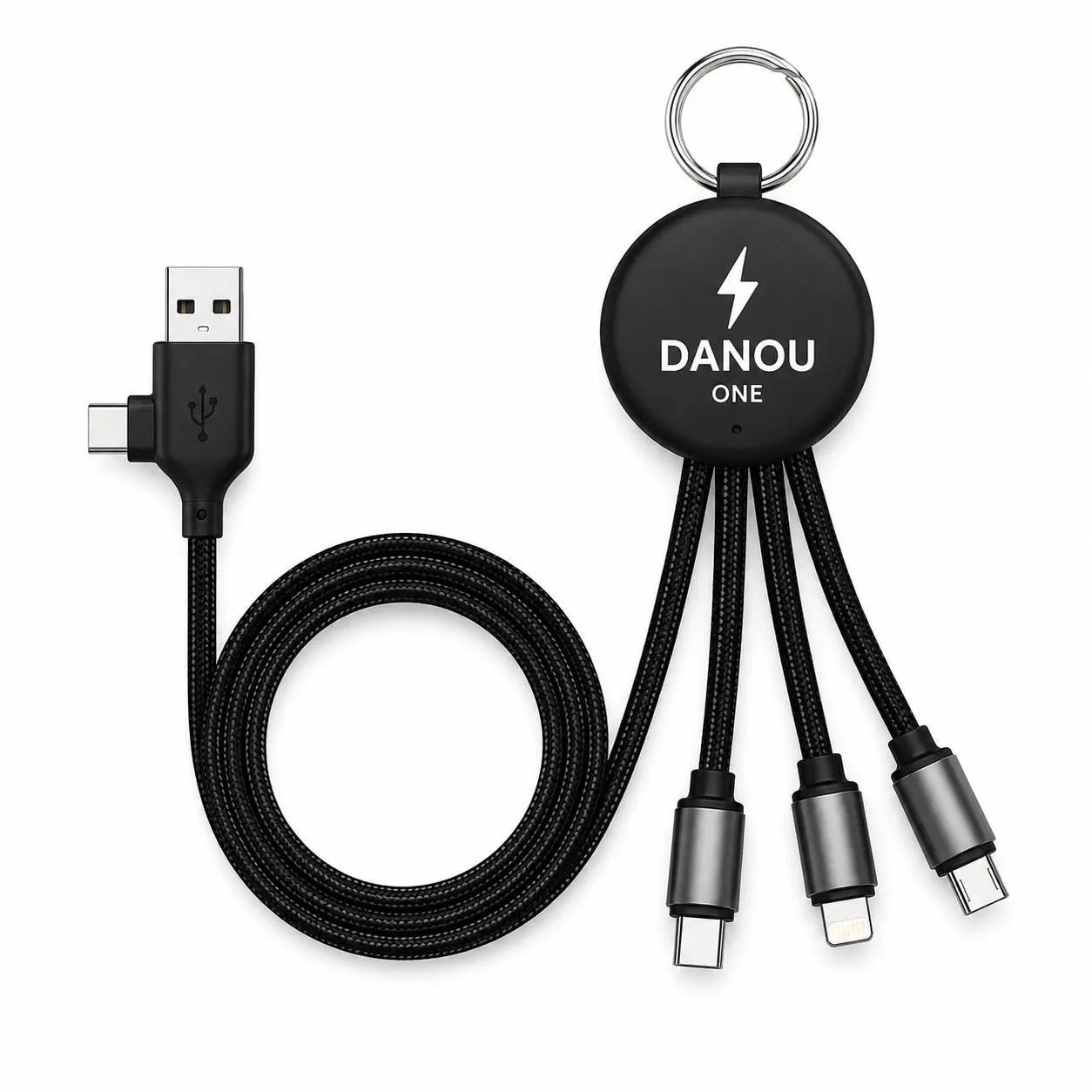 DANOUONE 3-in-1 Braided Keychain Charging Cable, Metal Portable Cable with Lightning, USB-C, Micro USB Connectors for Mobile Phones & Electronics Durable Cellphone