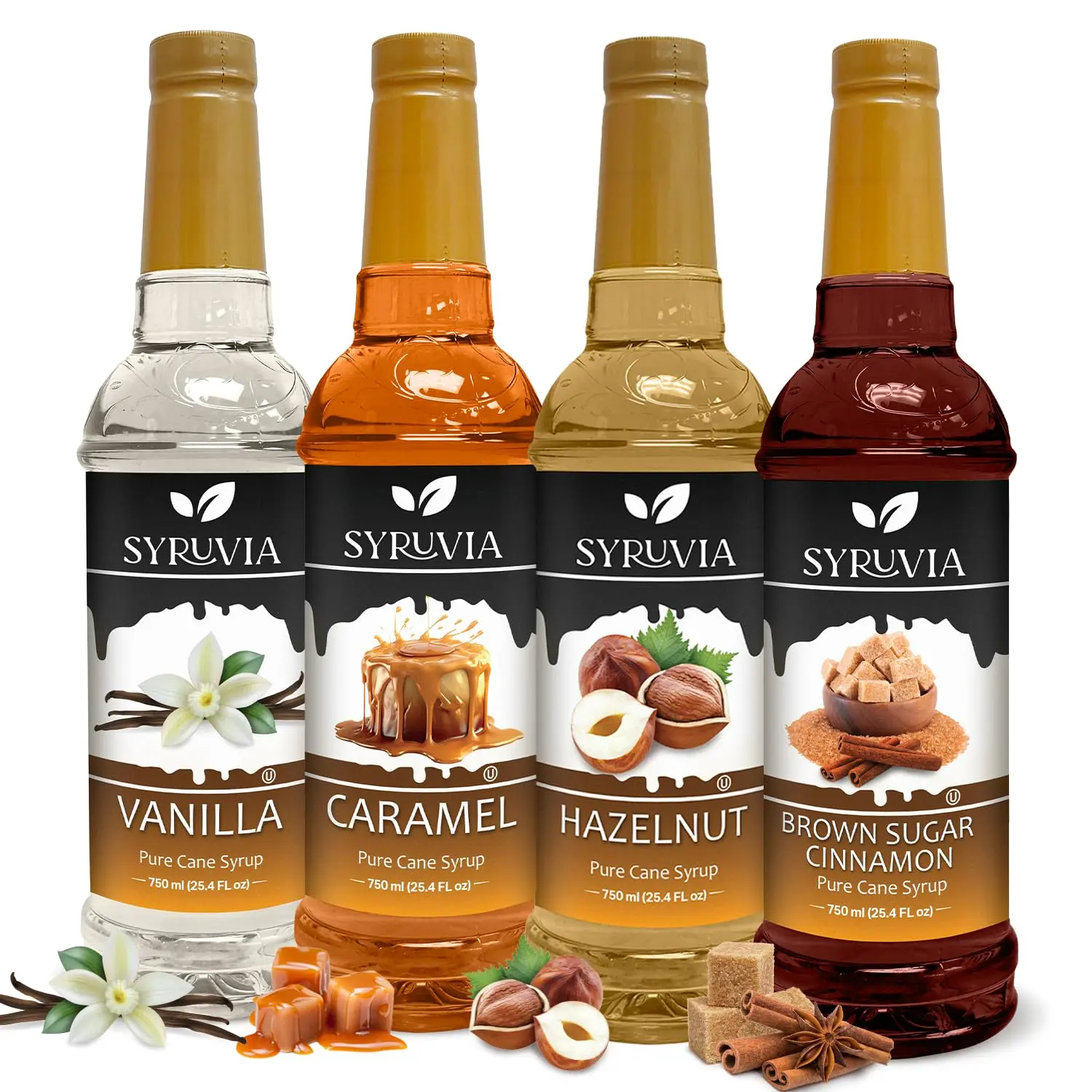 Syruvia Coffee Syrup Variety Pack - Vanilla, Caramel, Hazelnut & Brown Sugar Cinnamon Flavors - 25.4 fl oz - Cafe Style Syrup for Coffee, Tea & Desserts (4-Pack)