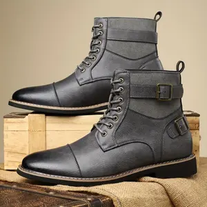 Men's High-Top Riding Boots - Black & Dark Gray, Double Buckle Straps, Lace-Up Design, Rubber Sole, Casual/Street Style for All Seasons, Boots Closed Walking Shoes