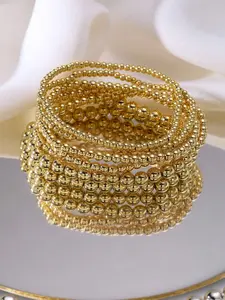 7Pcs Stretch Gold Beaded Bracelets, 14K Gold-Plated Stackable Bracelet Set, Luxurious Pearl Accent Elastic Wrist Jewelry, Timeless Daily Layering Bangles, Trendy Back to School Accessories, Elegant Jewelry for Holiday Party & Christmas Gift Giving