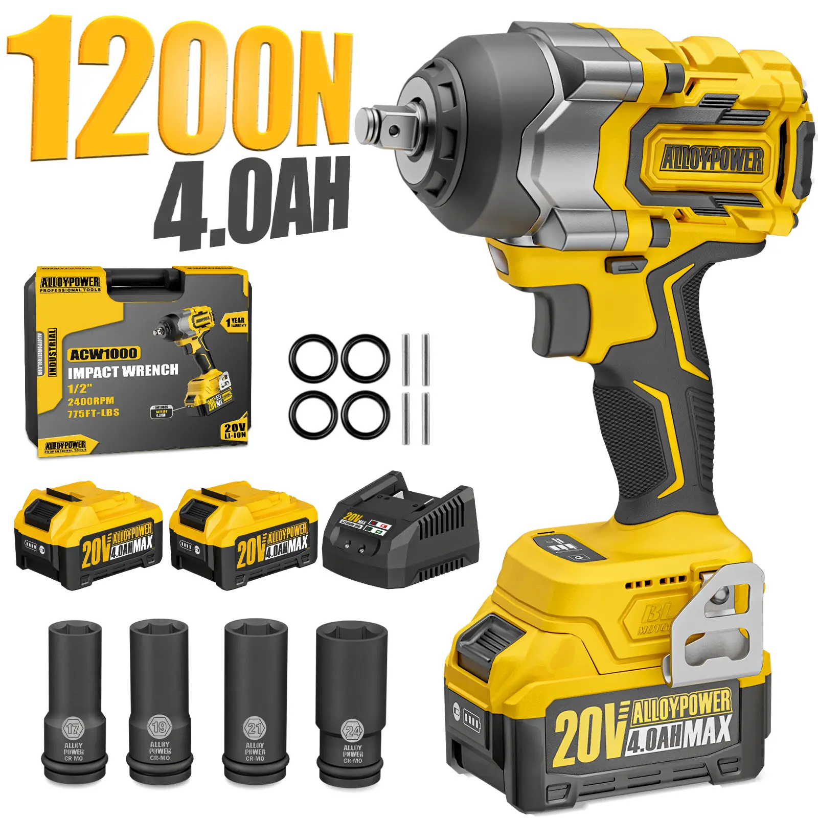 Alloyman Cordless Impact Wrench, 900Ft-lbs -1200N.m 1/2 High Torque Brushless Impact Gun, 20V Power Impact Driver, 2 × 4.0Ah Battery, 4 Sockets, Brush