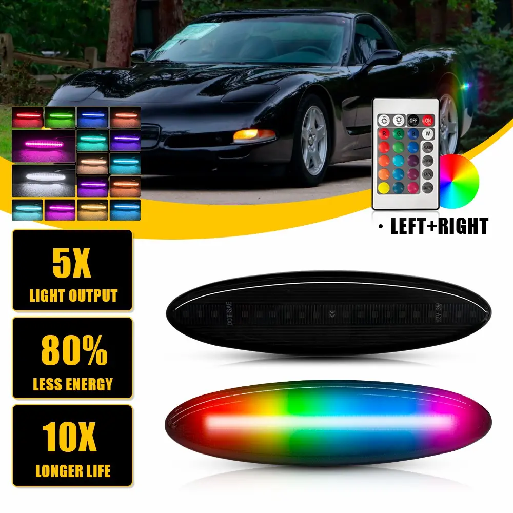 RGB LED Side Marker Lights For Chevrolet Corvette C5 1997-2004 Rear Smoked Lens