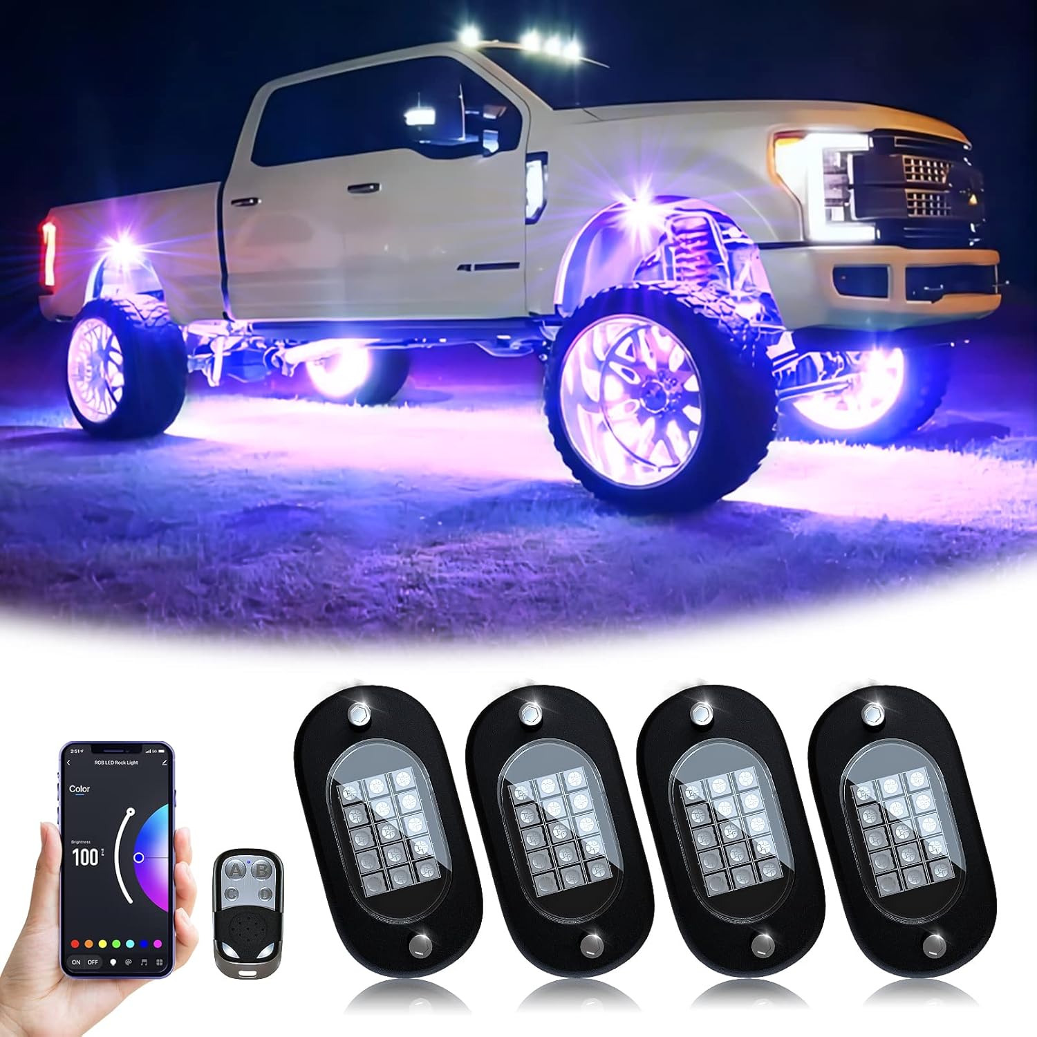 4Pods High-Quality RGB Car Rock Lights Underglow with Bluetooth-Compatible App Control, Multi-Color Neon Music Mode, IP68 Waterproof, Fit for Truck, ATV, UTV, RZR and SUV, Men's Car Lighting Gift LED Lights, Led Car Ambient Light