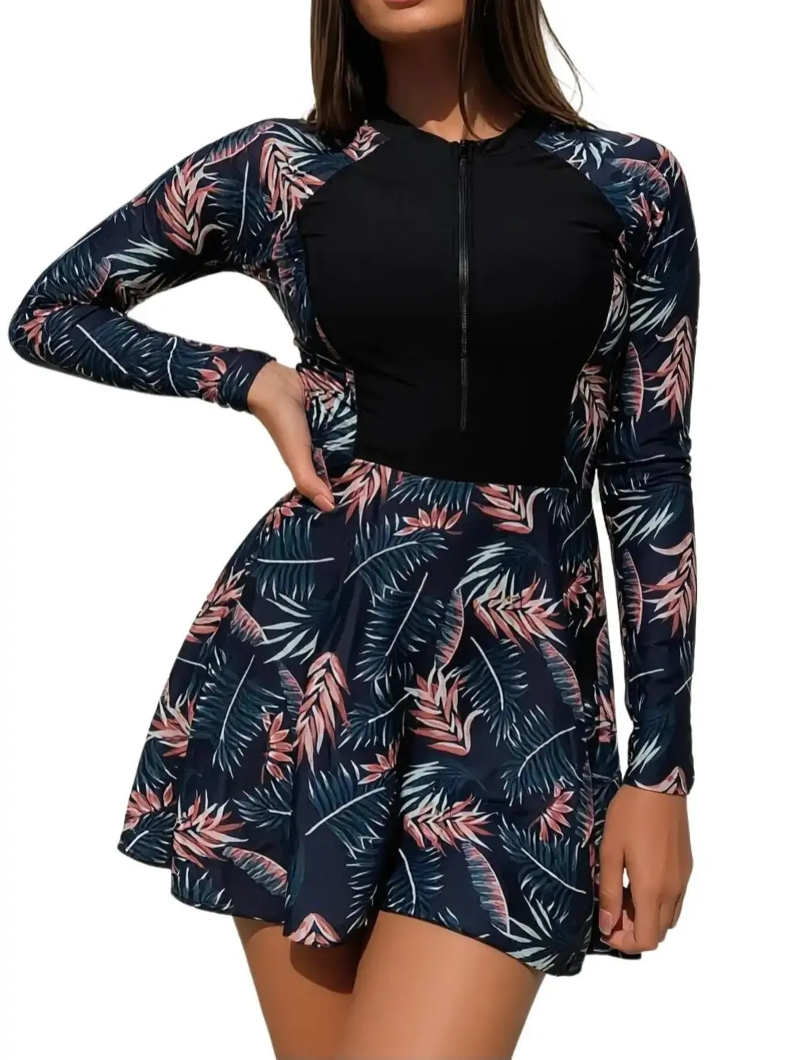 Women Long Sleeve Skirted One Piece Swimsuit, Front Zipper Modest Tropical Print UPF50+ Rash Guard, Cute Tummy Control Swim Dress for Beach Vacation Surfing 2026