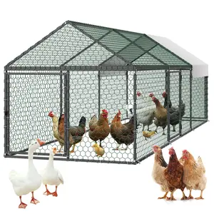 VEVOR Metal Chicken Coop for 6-8 Chickens, 3.3 x 9.8 x 3.3 ft, Small Chicken Cage with Waterproof Cover & 3 Doors, Spire Roof Poultry Run Compatible with Wooden Coops, for Rabbit Hen Goose Duck