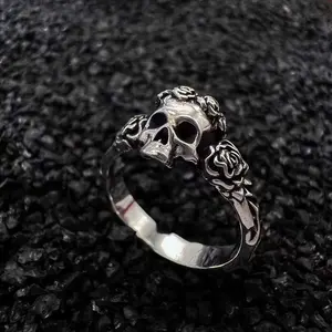 Gothic Skull Ring Open Wrap Rose Flower Skeleton Statement Ring Retro Vintage Cocktail Party Punk Jewelry for Women Men