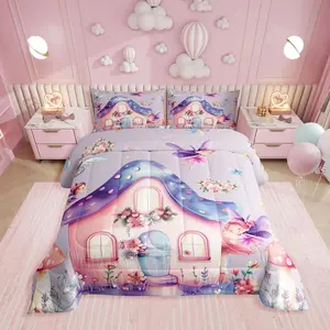 Fairy Garden Bedding Set,Dreamy Fairy Butterfly Comforter Set for Girls Kids,Cute Pink Floral Kawaii Mushroom Flower Comforter