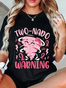 100% Cotton Unisex Two-nado Warning 2nd Birthday Pink Tornado Birthday T-Shirt Casual Top