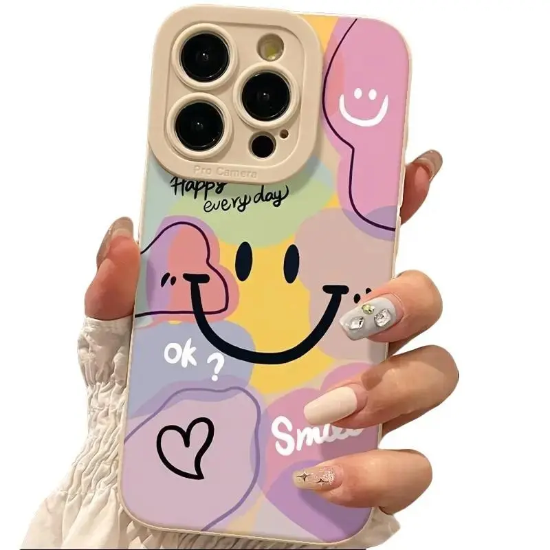 Smartphone Casing Accessories for Handheld Devices, Sam iPhone 17/16Plus/15Pro/15Promax/14/14Plus/14Pro/14Promax, White Eye Color Blocks & Big Smiling Face Design