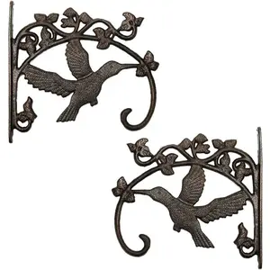 Cast Iron  Hanger Wall Hooks, Heavy Duty Hanging Basket Brackets, Hummingbird Shape & 10.4 inch & 2 count Brown, Decorative Wall Hangers for Planters Lanterns Bird Feeders Houses Wind Chimes