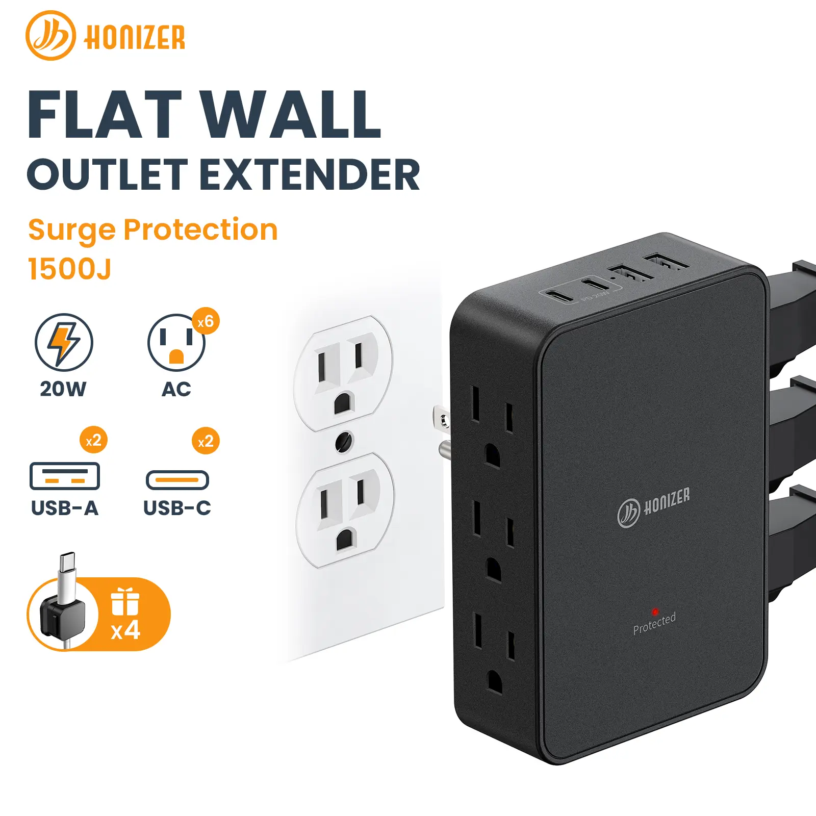 HONIZER Compact Indoor 10-in-1 Multi-Outlet Wall Extender, 6 Side Outlets, 2 USB-C, 2 USB-A Ports, 20W Fast Charging, 3-Sided Plug Adapter, 4 Cable Clips for Behind Couch, Desk, Household