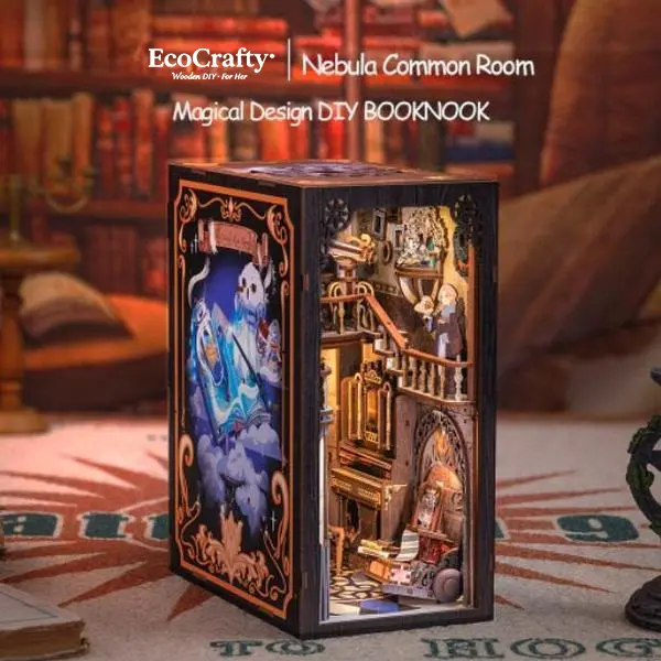 EcoCrafty Nebula Common Room DIY Dollhouse Booknook Bookshelf Insert Decor Alley with LED Light Unfinished Wood Miniature Furniture Playhouse Kit Wooden DIY Package