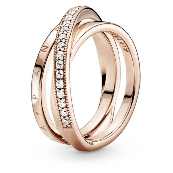 PANDORA Silver Ring, Crossover Design, 3 Interconnected Bands, Pave Style Triple Band Ring, 189057C01-56, Three Interconnected Bands