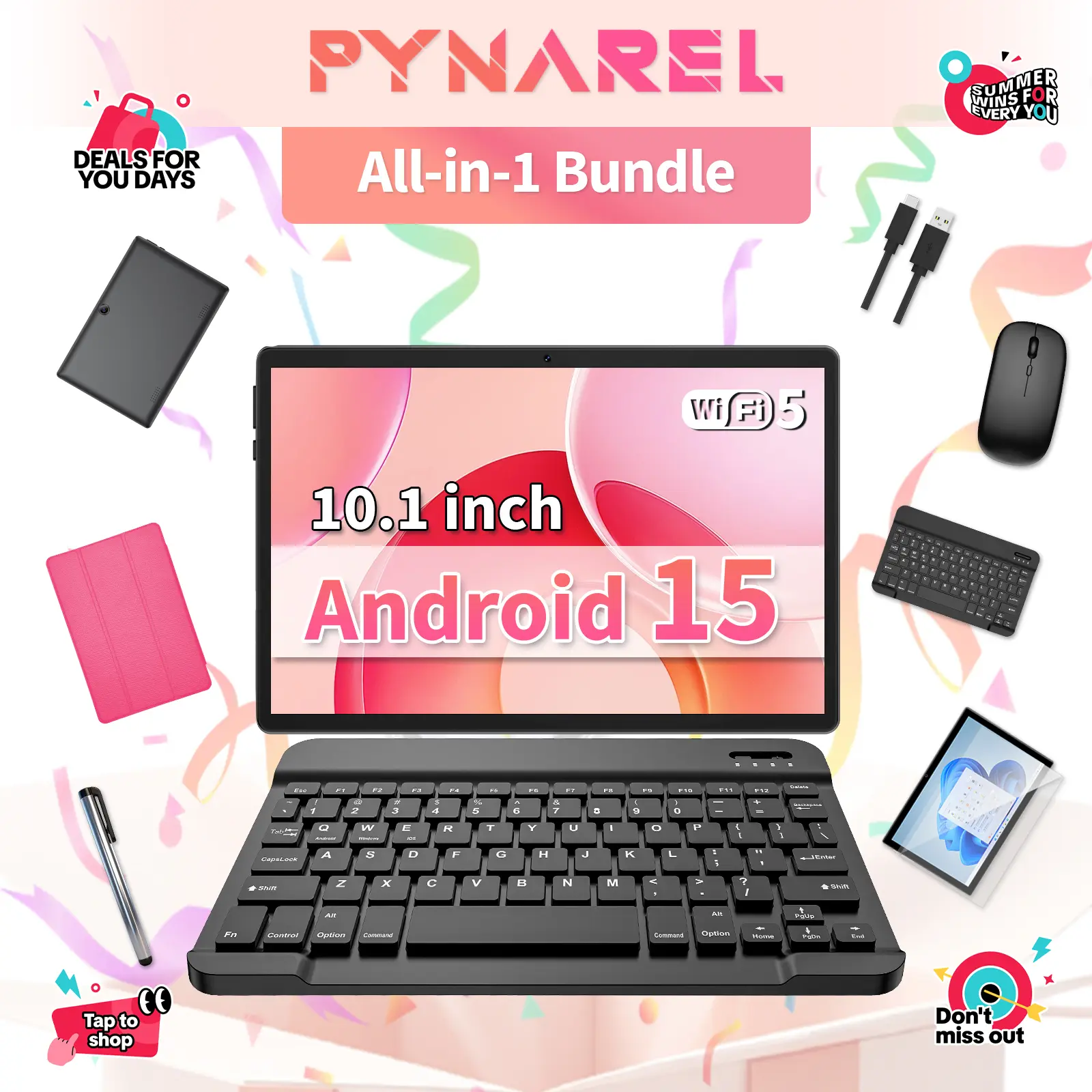 【DealsForYouDays】PYNAREL Smart Foldable Portable 2-in-1 Digital Product Tablet - 10.1-inch Android 15 Back to School Device with Keyboard, Bluetooth Mouse, Stylus Pen, Protective Case, USB Accessories, Screen Protection - Springtok Sale