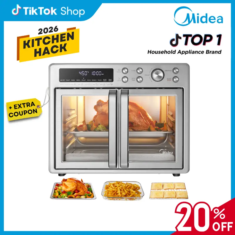[2026 Kitchen Hack] Midea Flexify French Door Air Fryer Toaster Oven Combo 26.4 QT, Extra Large Countertop Air Fryer Oven 10-in-1 Combo 25% Faster Cooking & 90% Less Oil, Elegant Design Convection Fan, Gift of the Season