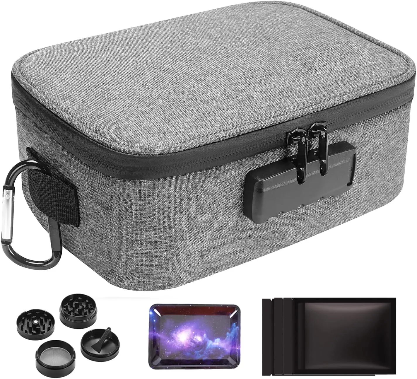 Grey Medium Size Smelll Bag with 3 PCS Accessories,-Resistant file Organizers Conatiner Box with Combination Lock, Medicine Case, Great Gift for.