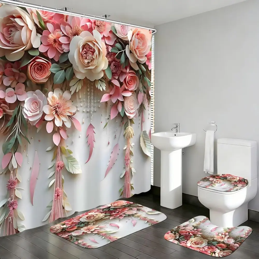 4-piece shower curtain set, floral, Bathroom Decoration Accessories, with carpet (bath mat, U-shaped) and 12 durable hooks, non slip floor mat, waterproof forest shower curtain, polyester fiber