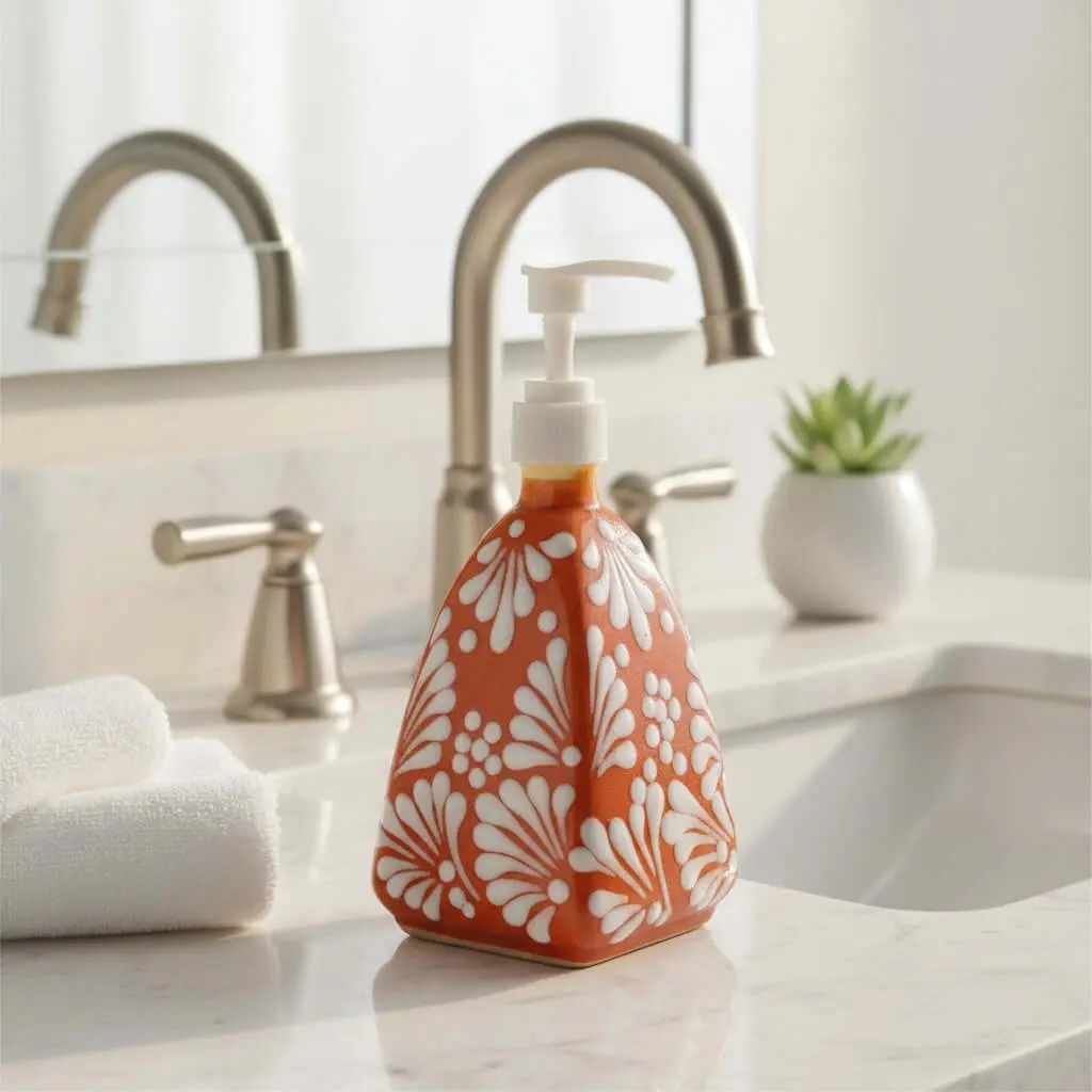 Talavera Soap Dispenser | Brown & White Pyramid Design