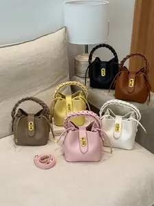 Women Elegant Mini Bucket Bag Braided Handle Soft Litchi Grain Leather Crossbody Handbag Gold Buckle Top Handle Casual Daily Commute Fashion Purse for Ladies
