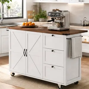 ARCH Farmhouse Kitchen Island on Wheels with Power Outlet and Storage Rack, 54.5" Rolling Kitchen Cart with Drop Leaf, Spice Rack, Internal Storage, Charging Station, White Particle Board+MDF, for Home Kitchen Dining Room, White Color Options
