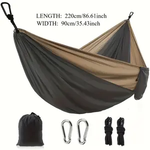 Lightweight camping hammock, portable parachute hammock with two tree straps, available in single or double size for travel. Perfect for beach trips, backpacking and hiking. Ideal for outdoor use and courtyard decoration. Carabiners