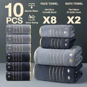 Luxury Gold Thread Embroidered Towel Set, 10 Pieces, 2 Bath Towels 140x70cm + 8 Hand Towels 74x34cm, Premium Bath Towels, Quick-Dry Absorbent Microfiber