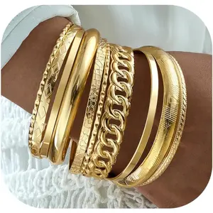 Gold Bangle Bracelets for Women, Indian Bangles Stackable Set, Multi Layer Textured 14K Gold Plated Chunky Bracelets Boho Jewelrys Set