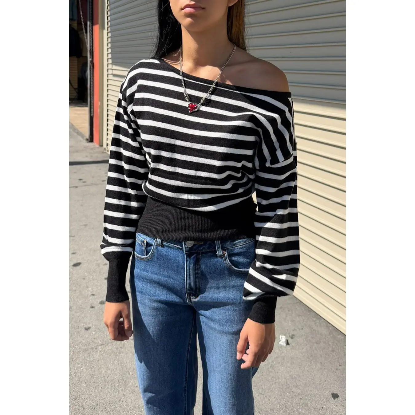 Casual Chic Striped Off-The-Shoulder Long Balloon Sleeve Knit Sweater