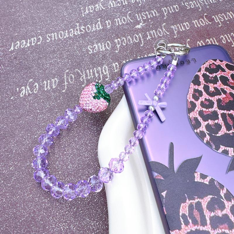 Premium sense rhinestone strawberry mobile phone chain crystal wrist beaded lanyard anti-drop crystal mobile phone chain anti-lost key chain Wireless Charm Aesthetic Cloth Smartphone Cellphone