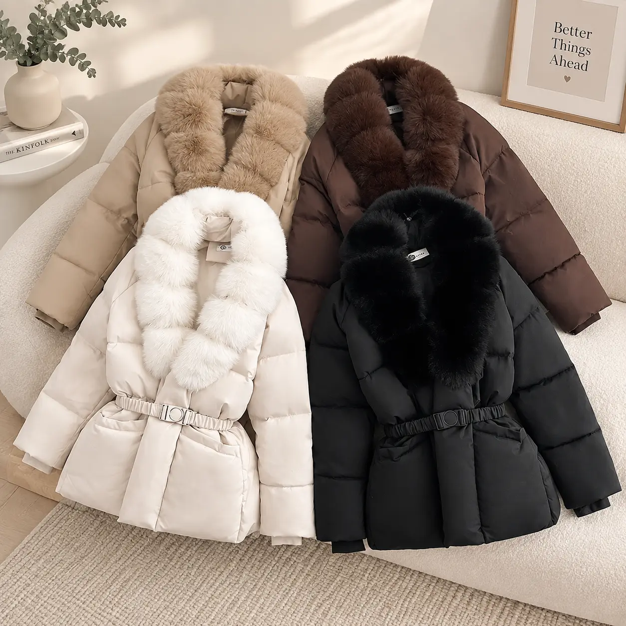 Women’s Faux Fur Collar Belted Puffer Jacket, Warm Quilted Winter Coat with Pockets, Stylish Short Puffer Jacket for Women