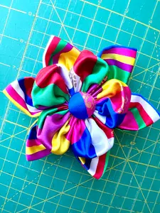Handsewn Striped Saekdong Korean Fabric Boutonniere Flower with Pin 4x4 Inches Colorful Rainbow Design for Stylish Wear, Special Occasion
