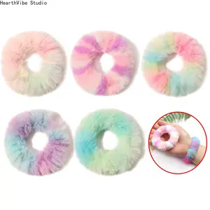 Autumn/Winter Elastic Hair Ties — Sweet, Long-Pile Plush Rainbow Tie-Dye Faux Fur Hair Rings & Accessories
