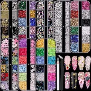 TQIGWRB 3D Nail Charms Kit with 8 Boxes of Colorful Clear Flatback Rhinestones Multi Shape Pearls Jewels for Y2K Nail Art Crafts