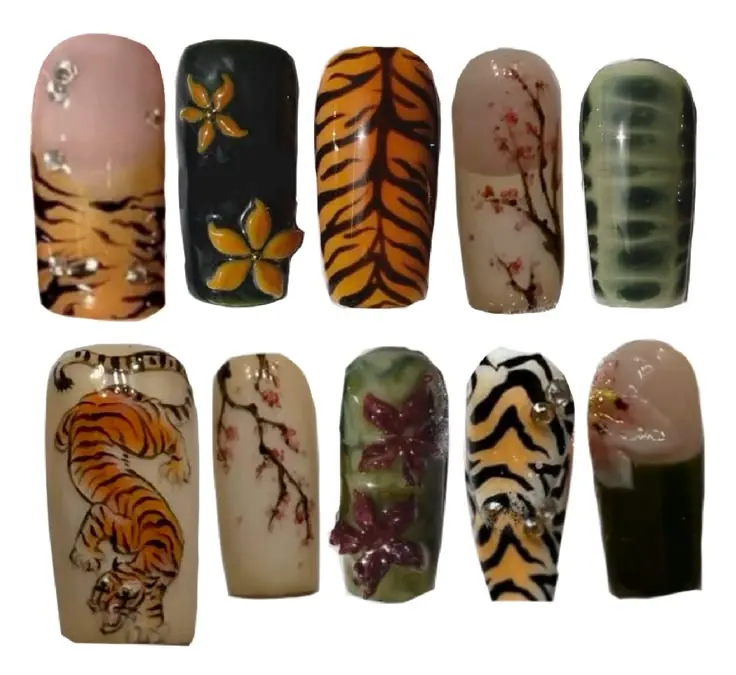 Tiger Print Press-On Nails | Handmade Artistic Nail Box | Tropical Jungle Style | Hand-Painted Tiger Stripes | Sparkling Rhinestones & 3D Floral Accents | Exotic Wild Nail Art Design with Free Adhesive Tabs Nail File Cuticle Stick