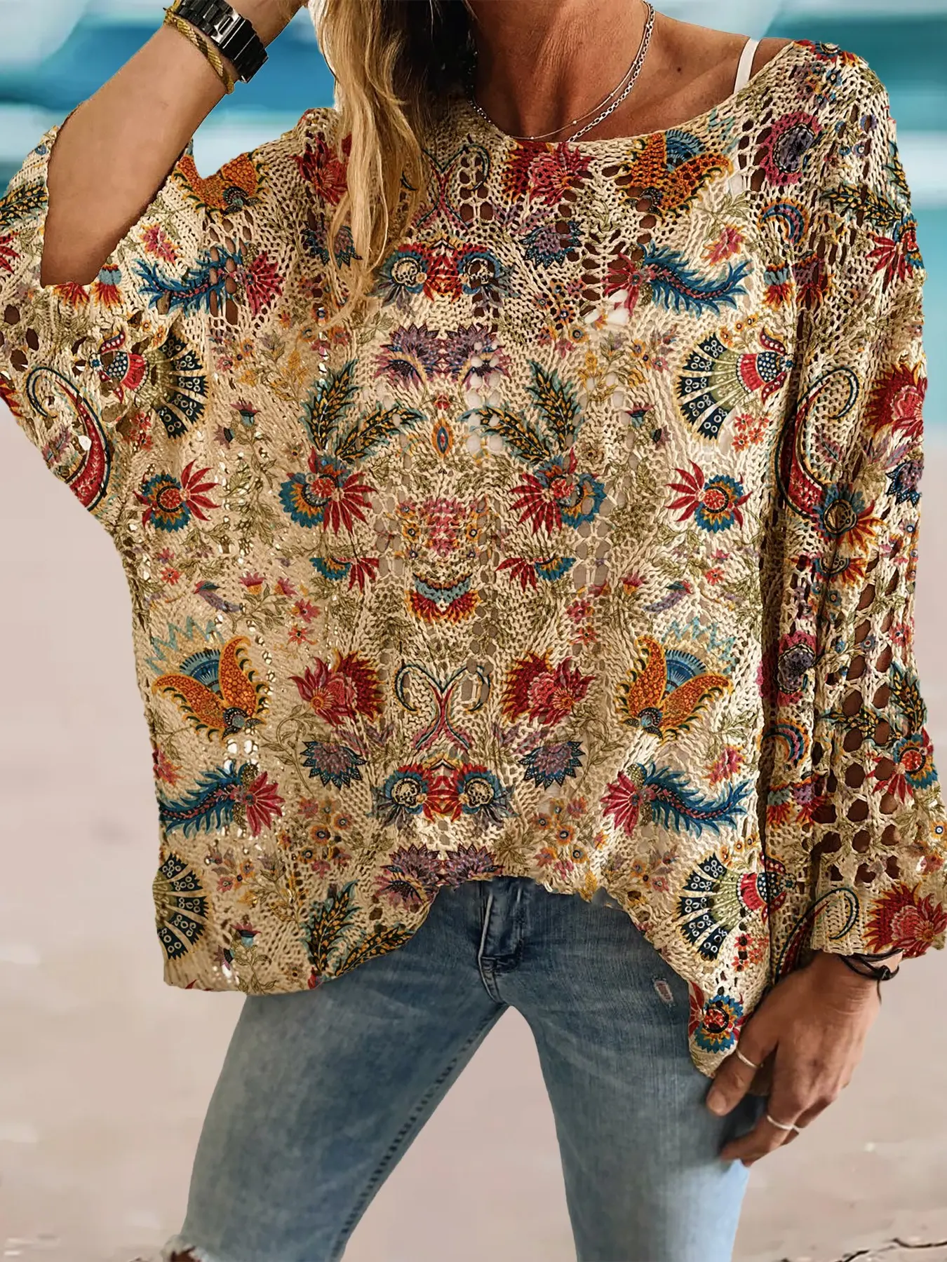Spring and summer round-neck rhombus hollow bat-sleeve Bohemian knitted cardigan, loose drop shoulder for a slimming effect, geometric print, versatile outer top for commuting, vacation and bikini layering Boho.