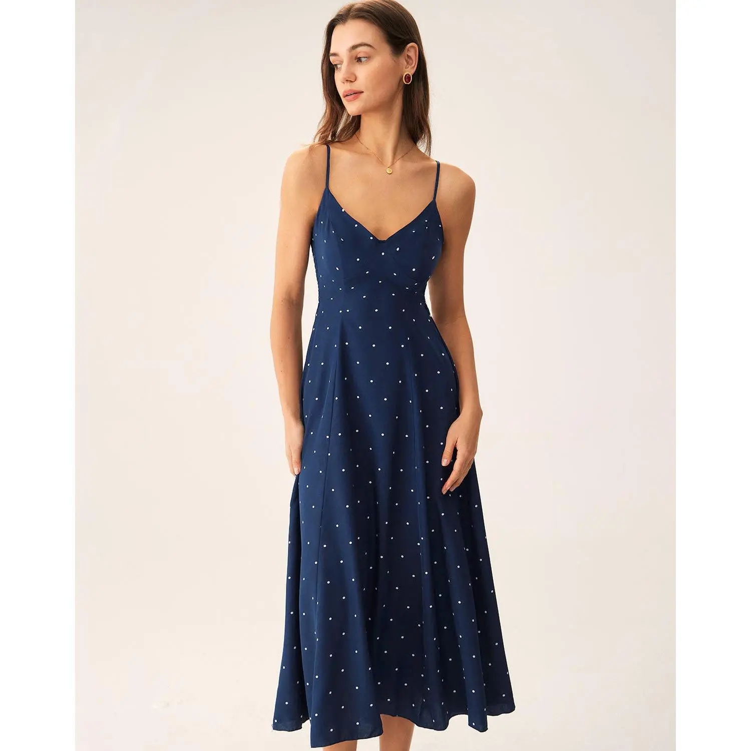 RIHOAS Women's Waisted Casual Navy Polka Dot Shirred Slip Midi Dress -  Soft, Comfortable Polyester Fabric - TikTok Shop